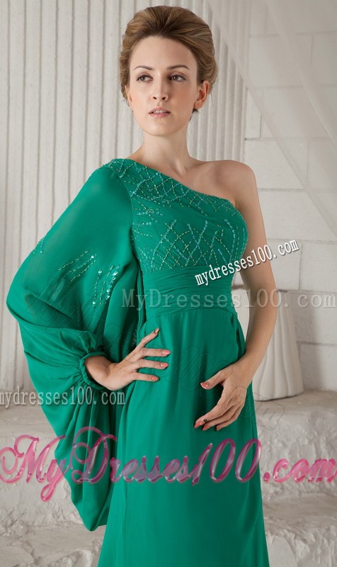 One Shoulder Batwing Sleeve Beaded Green Mother Of Bride Dress