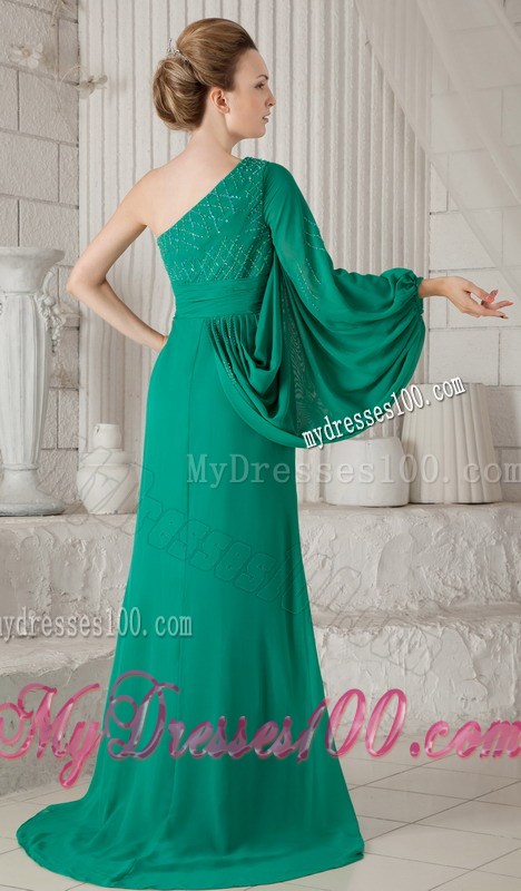 One Shoulder Batwing Sleeve Beaded Green Mother Of Bride Dress
