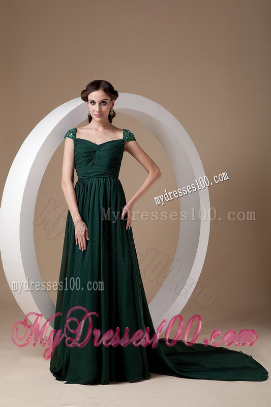 Dark Green Beaded Cap Sleeves Mother Bride Dress with Watteau Train