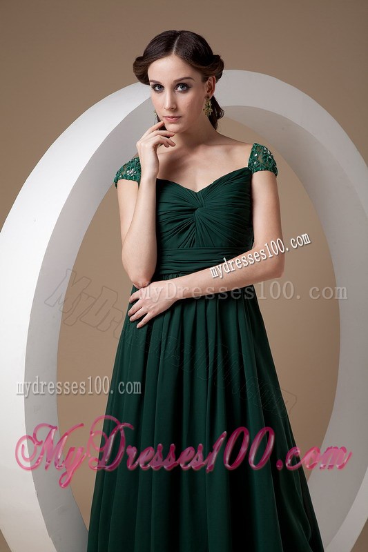 Dark Green Beaded Cap Sleeves Mother Bride Dress with Watteau Train