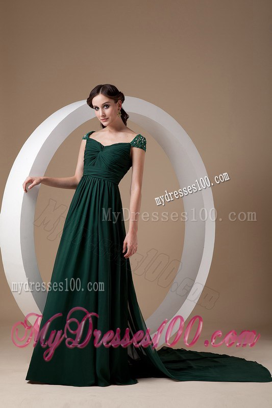 Dark Green Beaded Cap Sleeves Mother Bride Dress with Watteau Train