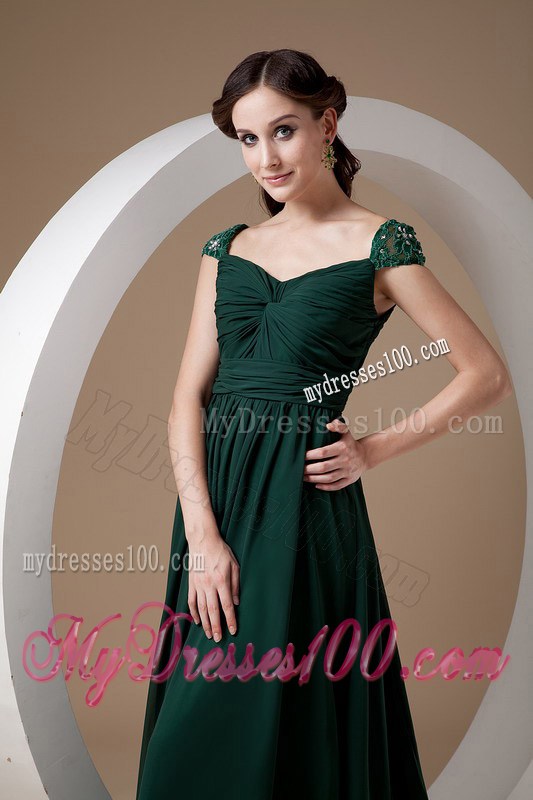 Dark Green Beaded Cap Sleeves Mother Bride Dress with Watteau Train