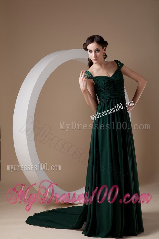 Dark Green Beaded Cap Sleeves Mother Bride Dress with Watteau Train