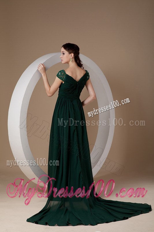 Dark Green Beaded Cap Sleeves Mother Bride Dress with Watteau Train