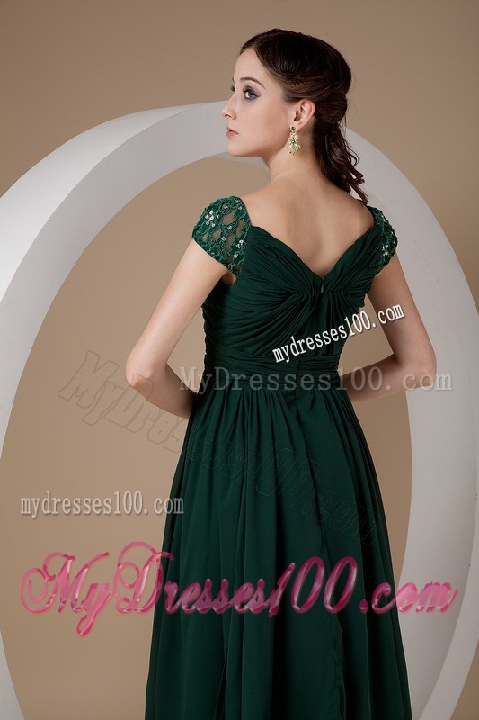 Dark Green Beaded Cap Sleeves Mother Bride Dress with Watteau Train