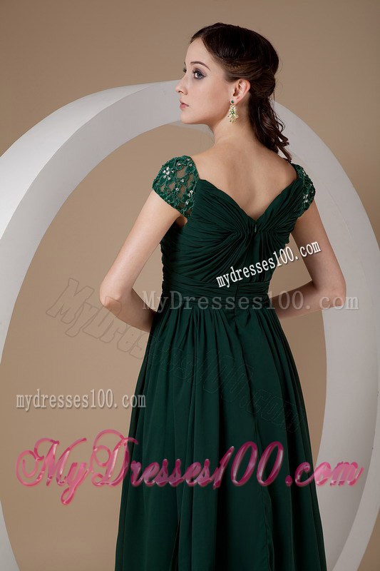 Dark Green Beaded Cap Sleeves Mother Bride Dress with Watteau Train