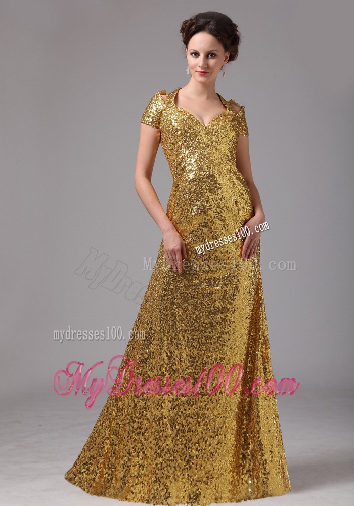Gold Paillette Haltered Cap Sleeves Mother Of The Bride Dress