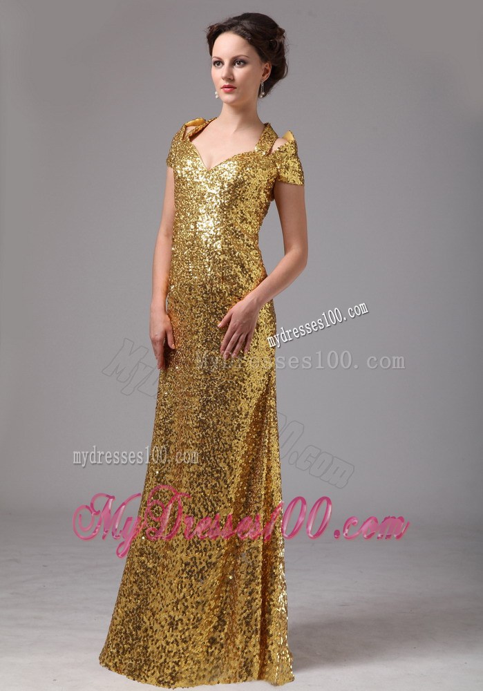 Gold Paillette Haltered Cap Sleeves Mother Of The Bride Dress