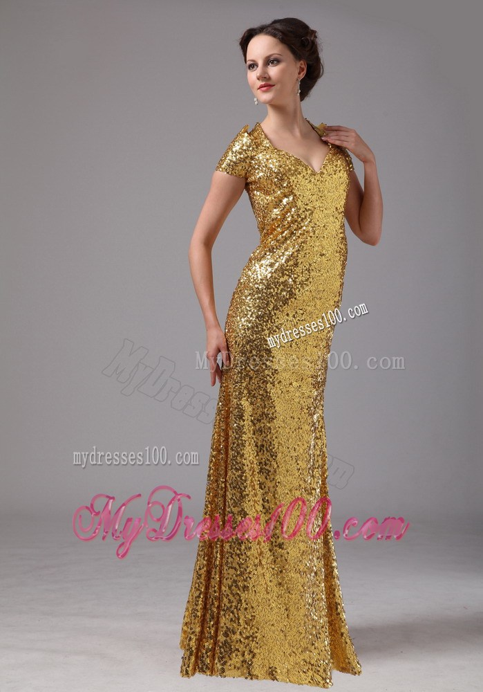 Gold Paillette Haltered Cap Sleeves Mother Of The Bride Dress