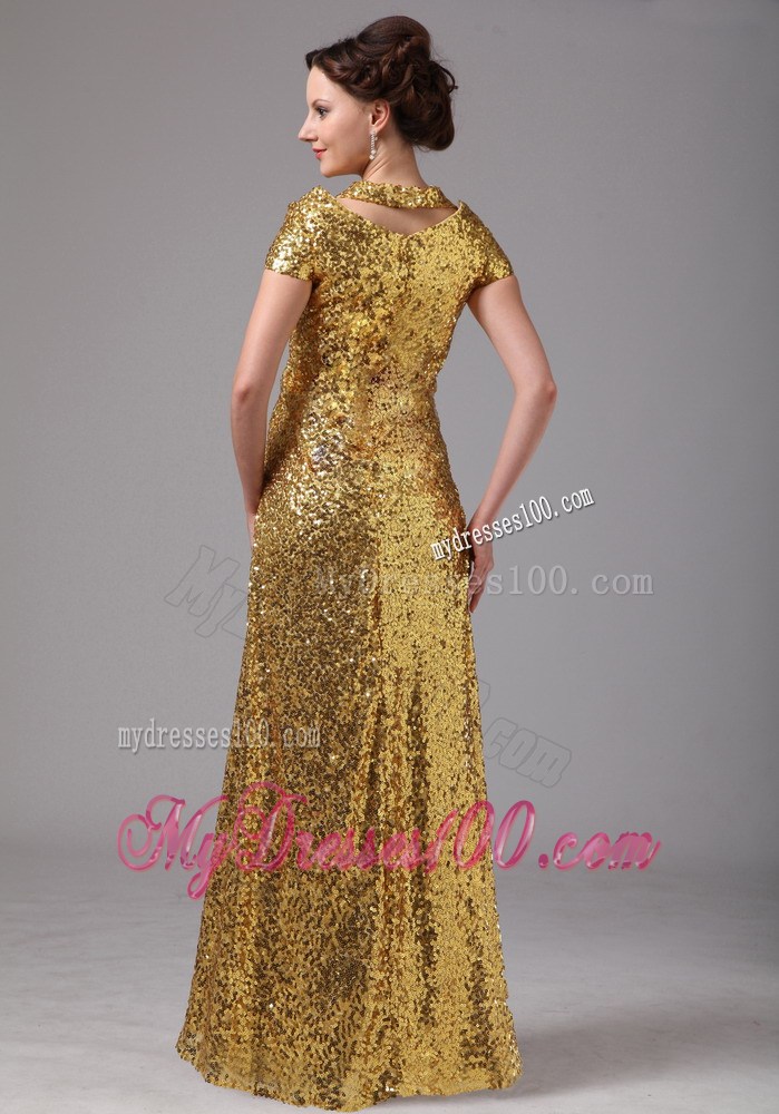 Gold Paillette Haltered Cap Sleeves Mother Of The Bride Dress