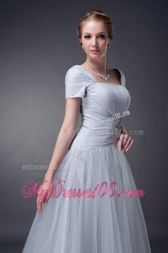 Gray Square Brush Train Tulle Appliques Mother Bride Dress