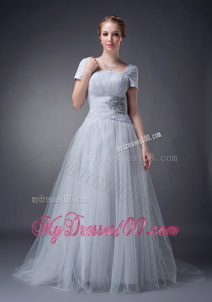 Gray Square Brush Train Tulle Appliques Mother Bride Dress