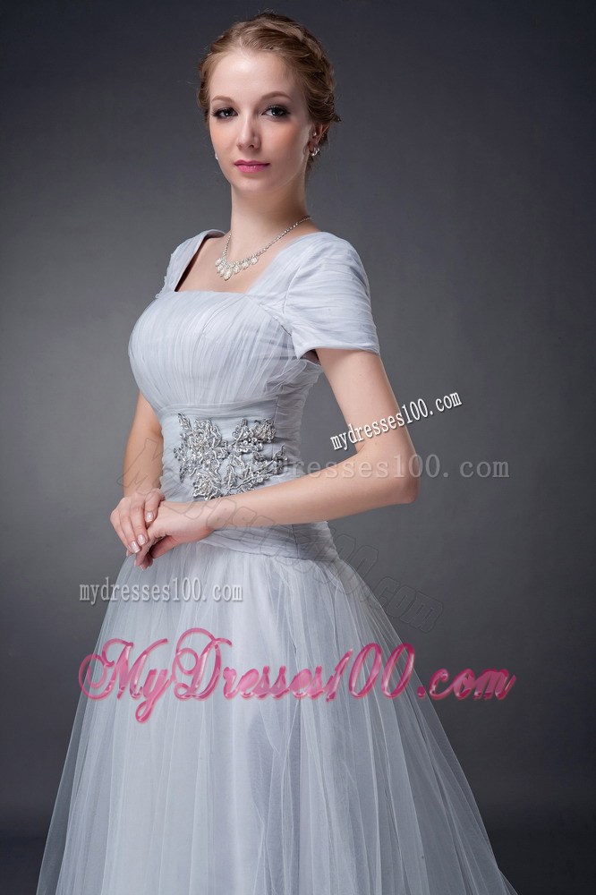 Gray Square Brush Train Tulle Appliques Mother Bride Dress