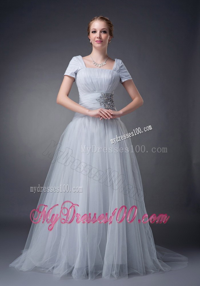 Gray Square Brush Train Tulle Appliques Mother Bride Dress
