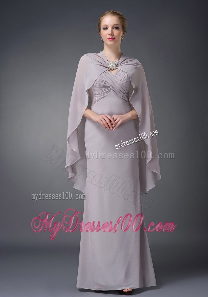 Grey Column V-neck Floor-length Ruche Mother of the Bride Dress