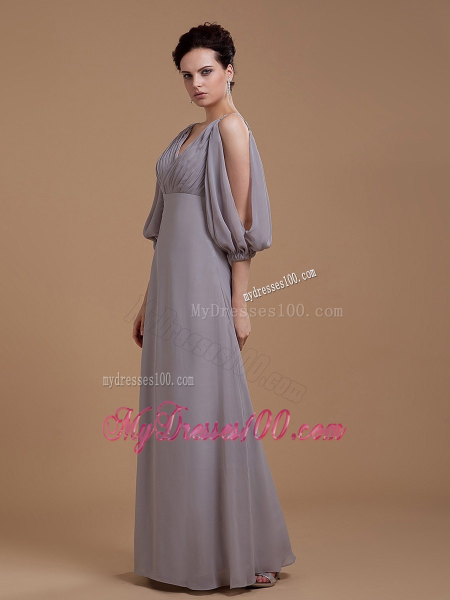 Grey Mother Bride Dress with V-neck 3 4 Length Sleeves Floor-length