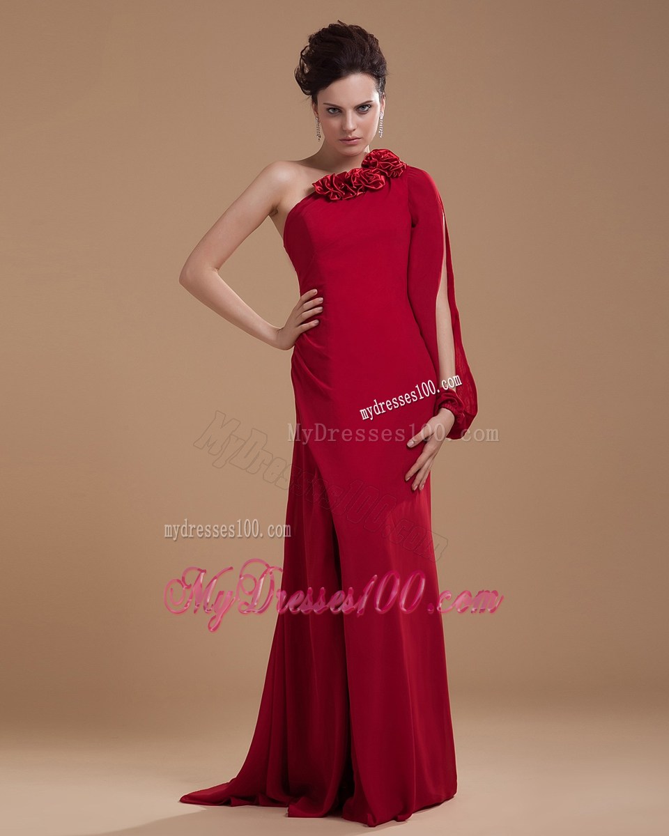 Hand Made Flowers Wine Red Chiffon Brush Train Mother Dress