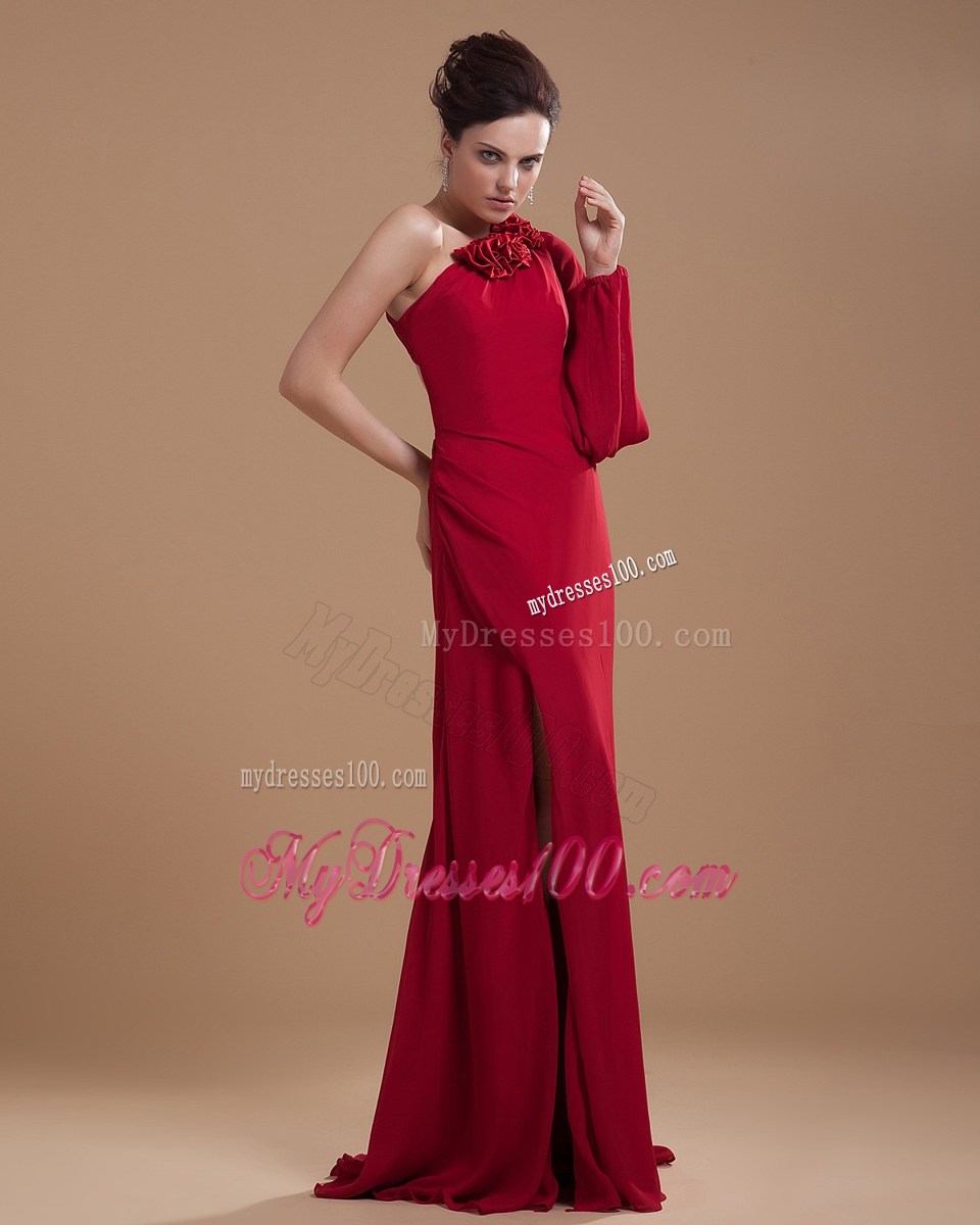 Hand Made Flowers Wine Red Chiffon Brush Train Mother Dress