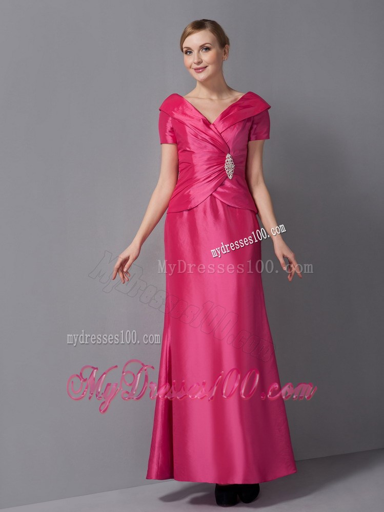 Hot Pink Column V-neck Ankle-length Ruche Mother of the Bride Dress