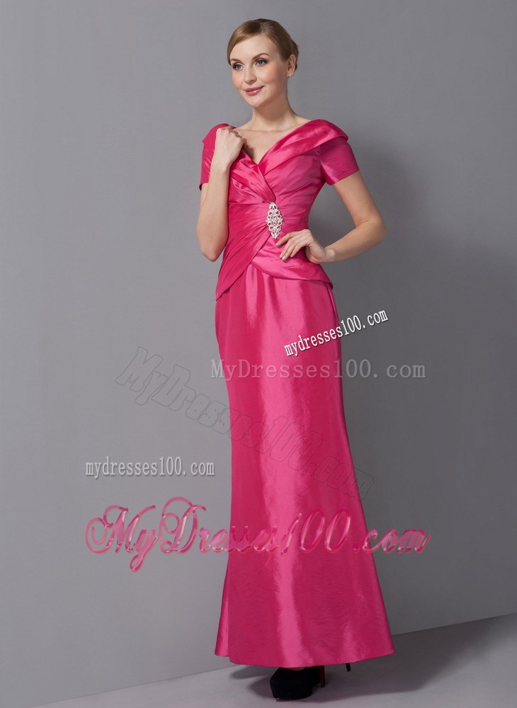 Hot Pink Column V-neck Ankle-length Ruche Mother of the Bride Dress