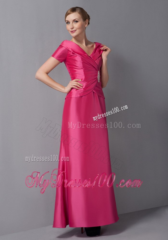 Hot Pink Column V-neck Ankle-length Ruche Mother of the Bride Dress