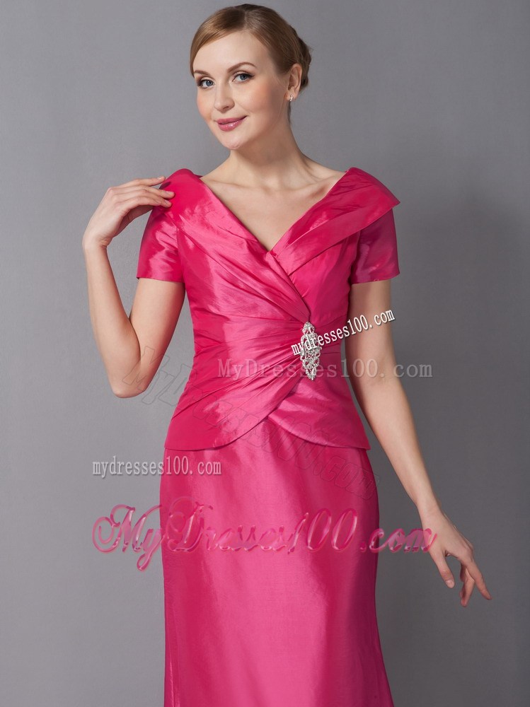 Hot Pink Column V-neck Ankle-length Ruche Mother of the Bride Dress