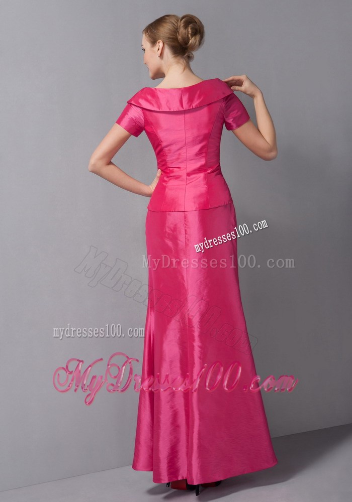 Hot Pink Column V-neck Ankle-length Ruche Mother of the Bride Dress