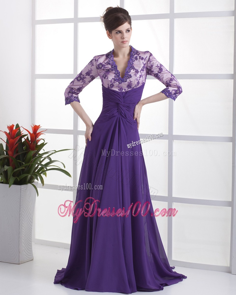 Lace with Beading V-neck 3 4 Sleeves Purple Brush Train Mother Dress
