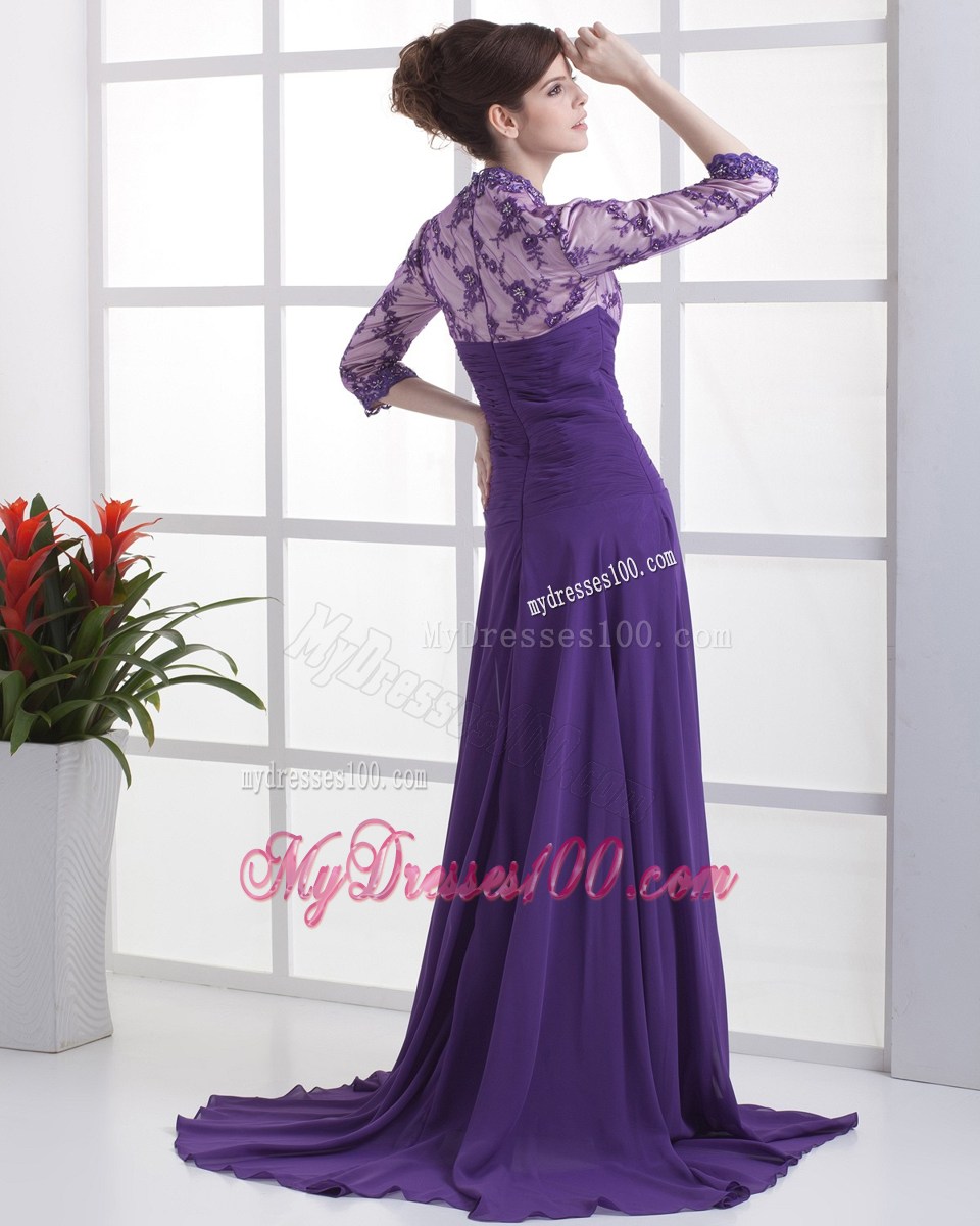 Lace with Beading V-neck 3 4 Sleeves Purple Brush Train Mother Dress