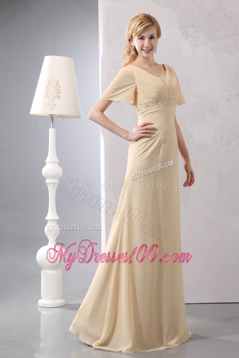 Light Yellow Empire V-neck Short Sleeves Mothers Dresses Beaded