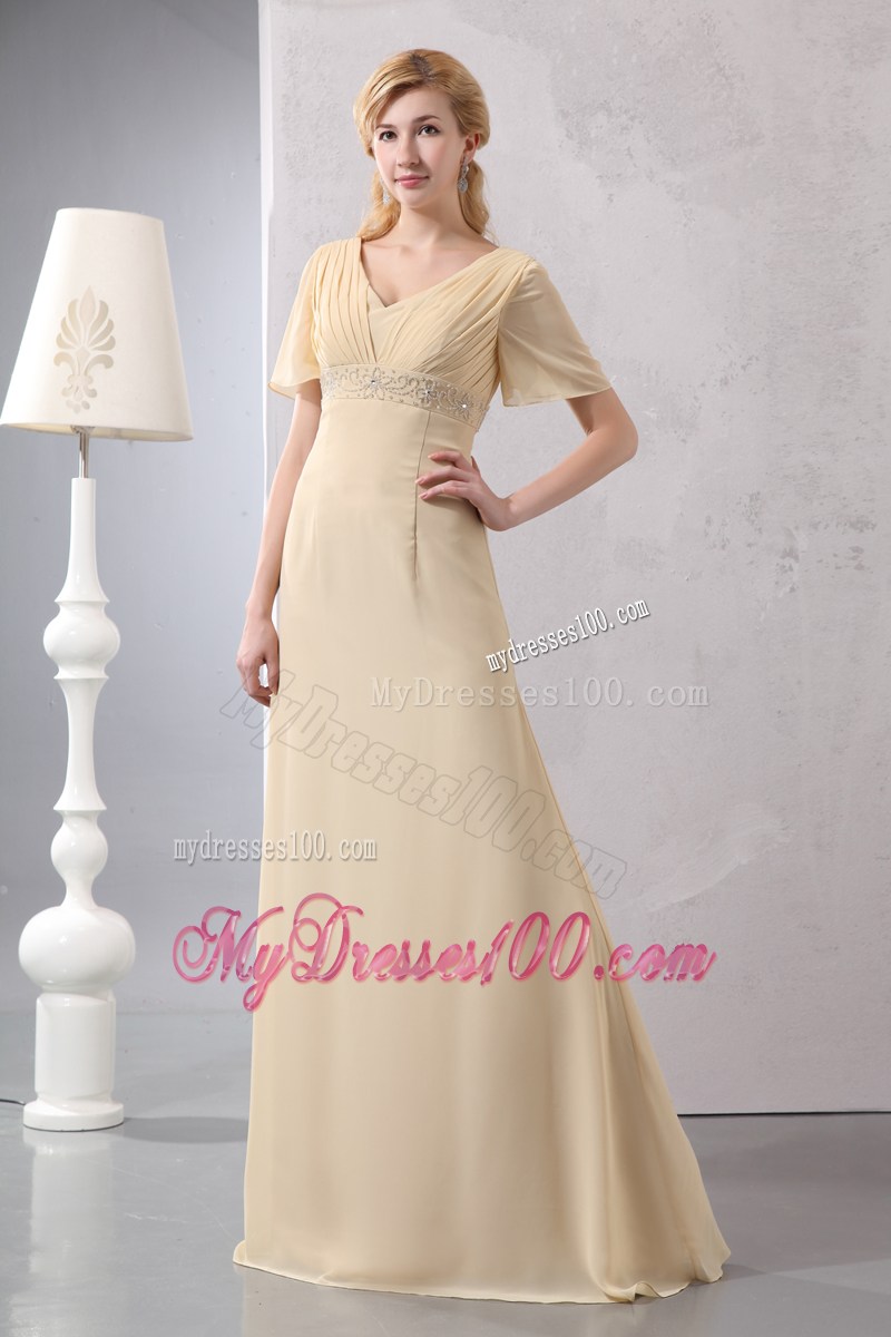 Light Yellow Empire V-neck Short Sleeves Mothers Dresses Beaded