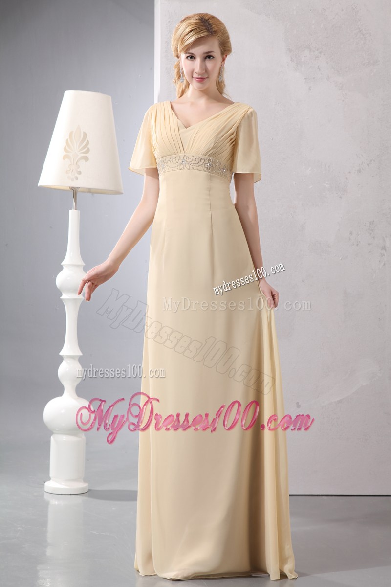 Light Yellow Empire V-neck Short Sleeves Mothers Dresses Beaded