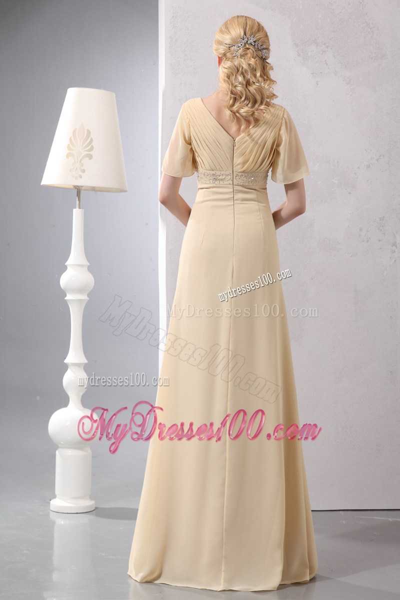 Light Yellow Empire V-neck Short Sleeves Mothers Dresses Beaded