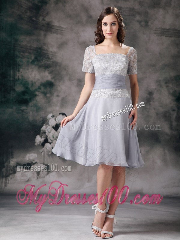 Grey Square knee-length Chiffon and Lace Beading Mother Dress