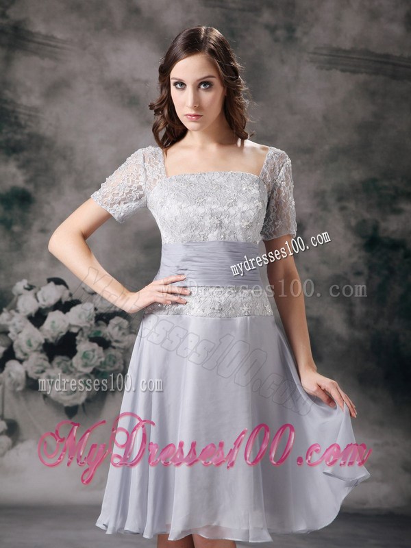 Grey Square knee-length Chiffon and Lace Beading Mother Dress