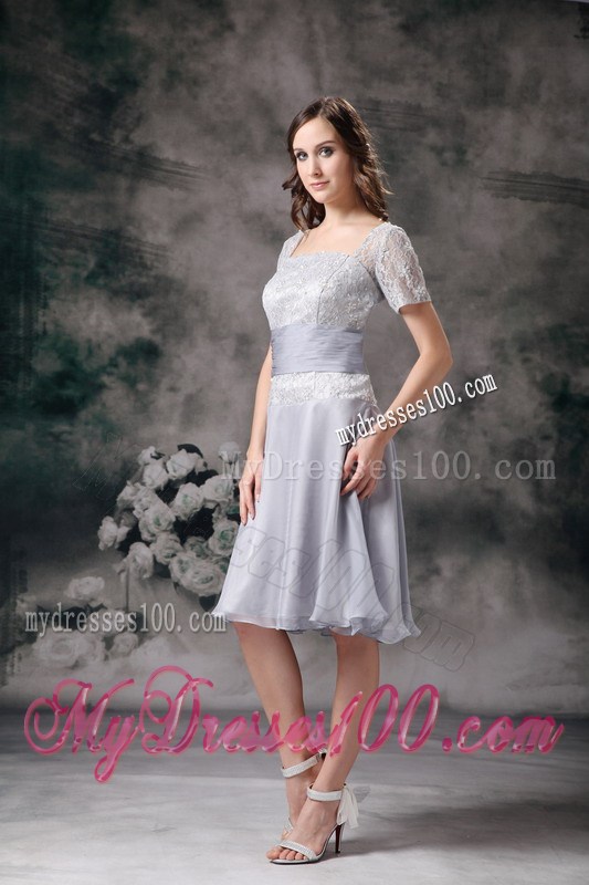 Grey Square knee-length Chiffon and Lace Beading Mother Dress