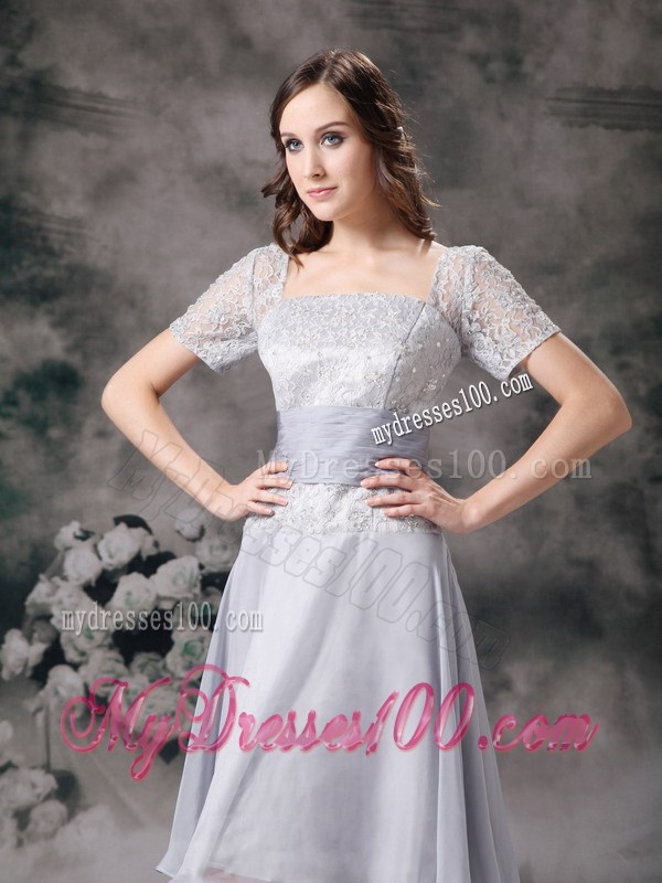 Grey Square knee-length Chiffon and Lace Beading Mother Dress