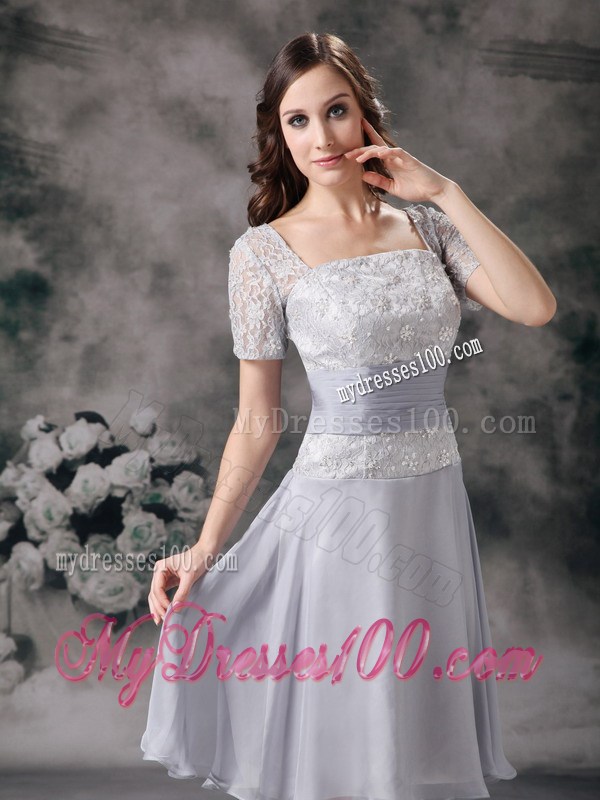 Grey Square knee-length Chiffon and Lace Beading Mother Dress