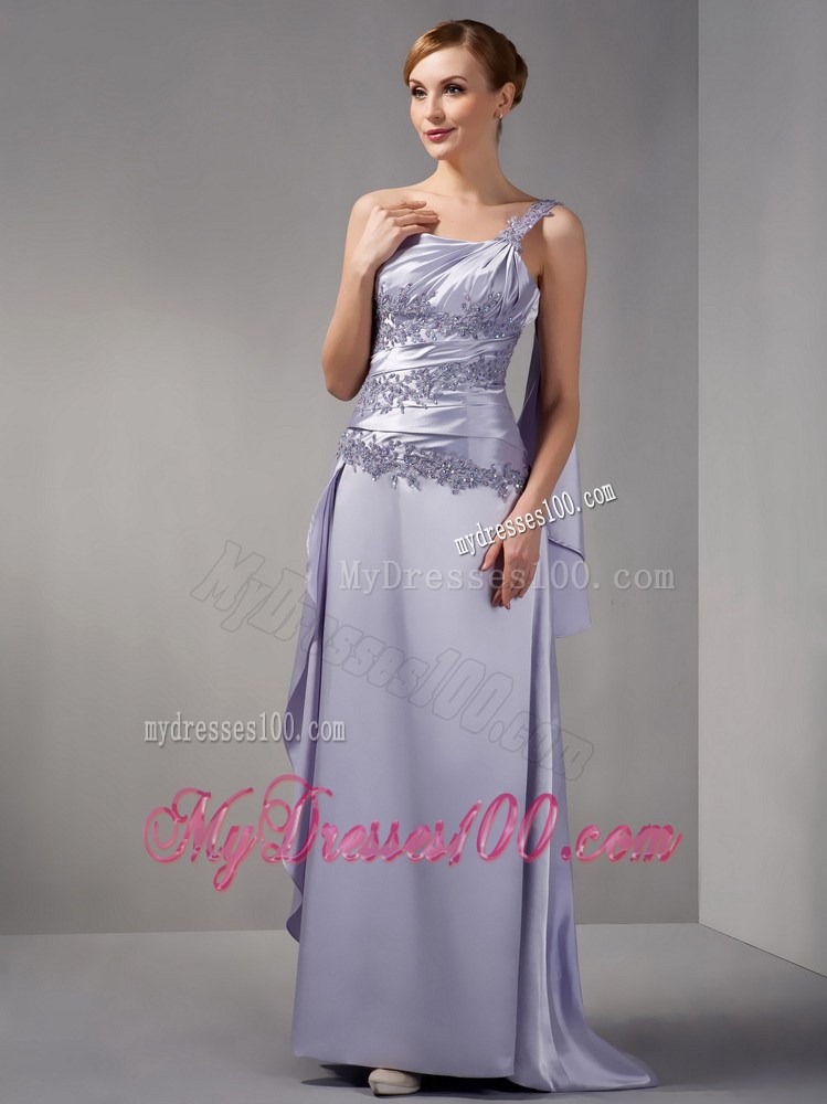 Lilac Column One Shoulder Brush Train Appliques Mother Dress