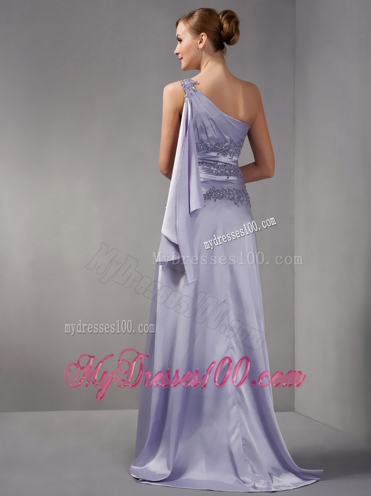 Lilac Column One Shoulder Brush Train Appliques Mother Dress