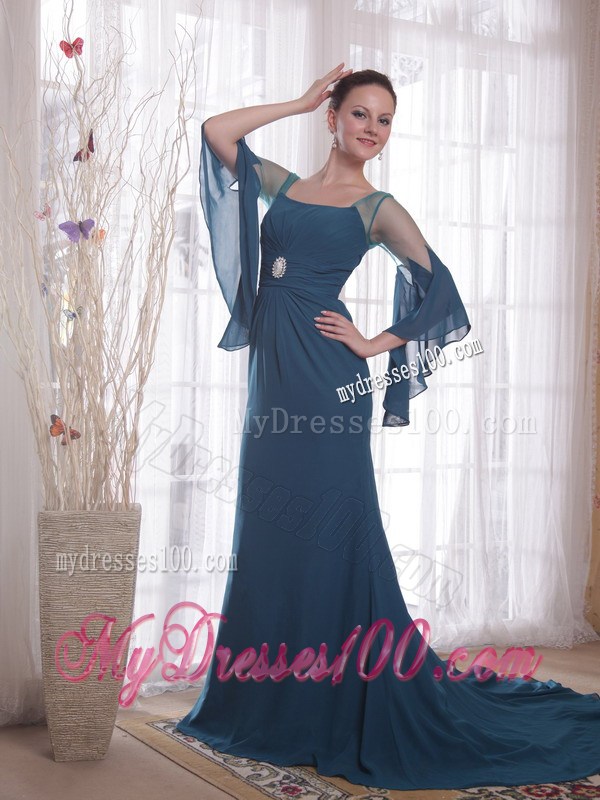 Navy Blue Sheer Flounced Sleeves Mothers Dress For Weddings