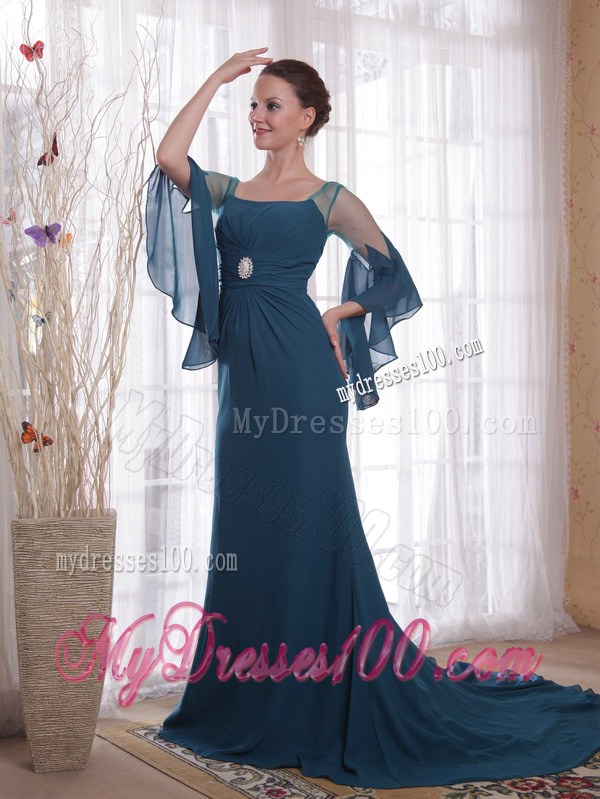 Navy Blue Sheer Flounced Sleeves Mothers Dress For Weddings