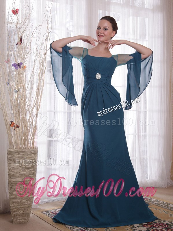 Navy Blue Sheer Flounced Sleeves Mothers Dress For Weddings