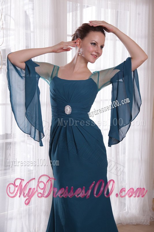 Navy Blue Sheer Flounced Sleeves Mothers Dress For Weddings