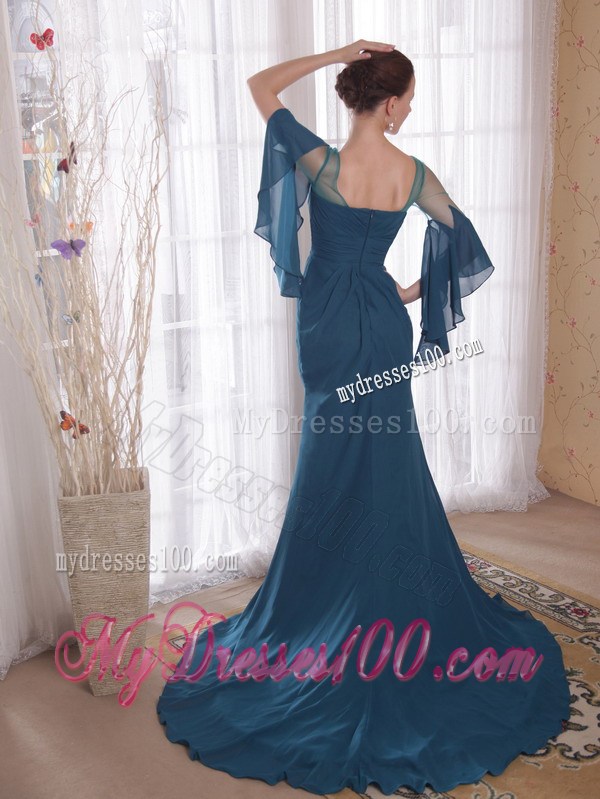 Navy Blue Sheer Flounced Sleeves Mothers Dress For Weddings