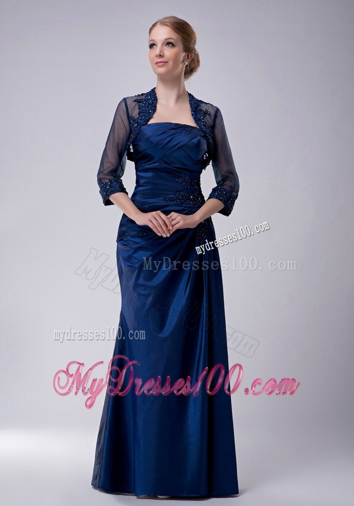 Navy Blue Column Strapless Appliques Mother of the Bride Dress