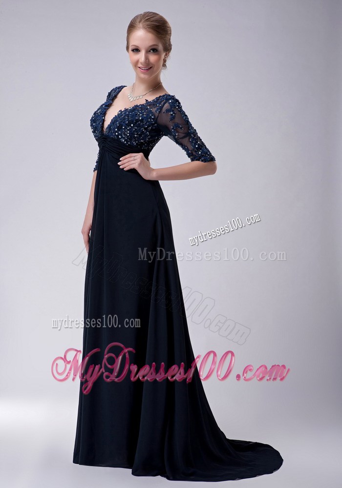 Navy Blue Empire V-neck Brush Train Appliques Mother of Bride Dress