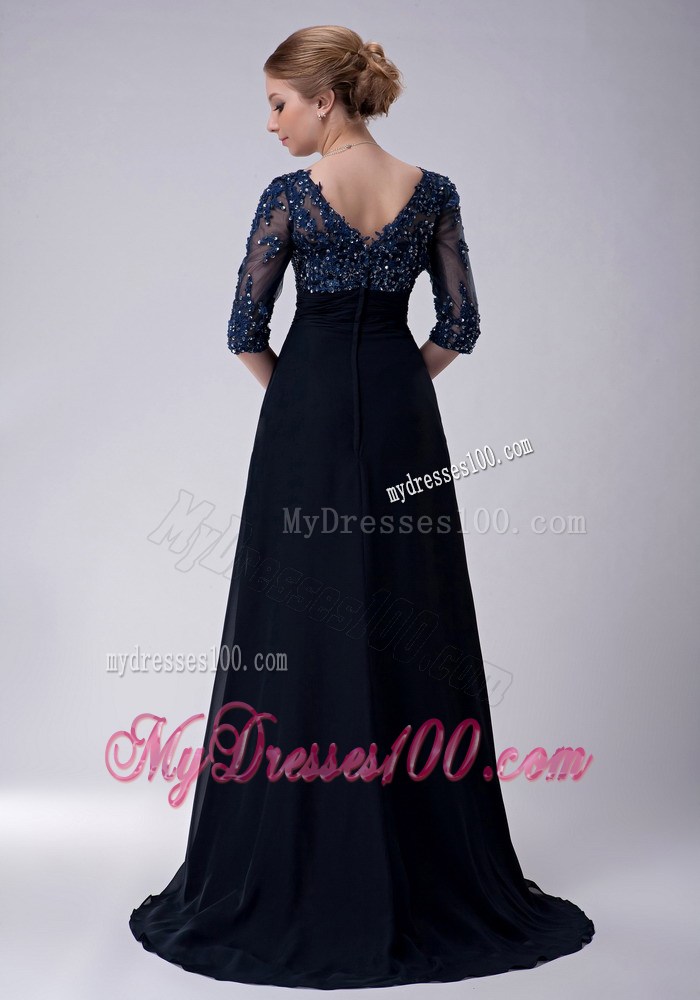 Navy Blue Empire V-neck Brush Train Appliques Mother of Bride Dress