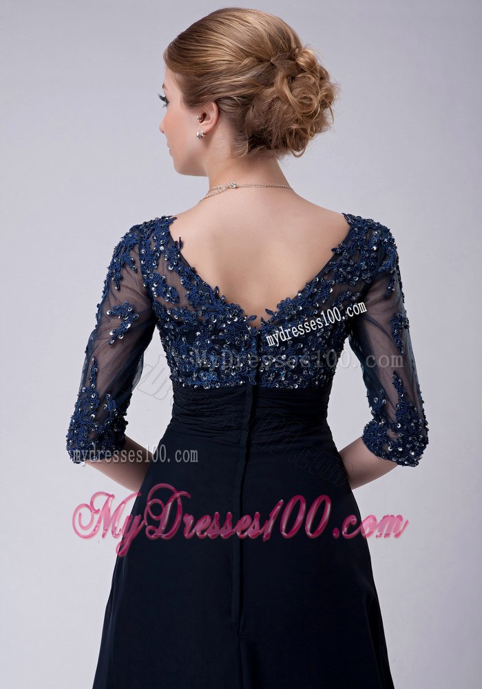 Navy Blue Empire V-neck Brush Train Appliques Mother of Bride Dress