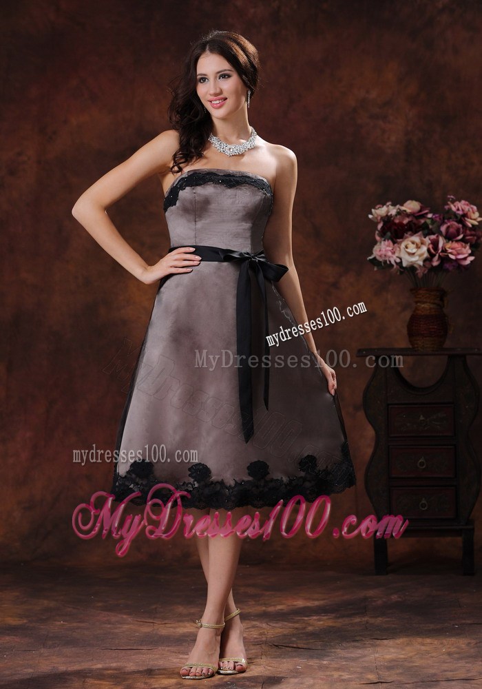 Tea-length Mother Of The Bride Dress with Black Sash and Lace Hem